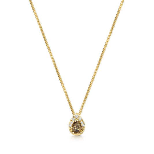 Brown Pear shaped diamond and white diamond pendant in yellow gold on a chain.