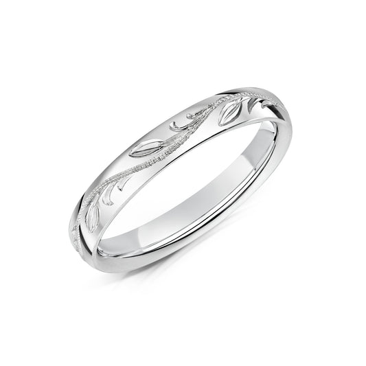 Hand Engraved Leaves Wedding Ring in Platinum 