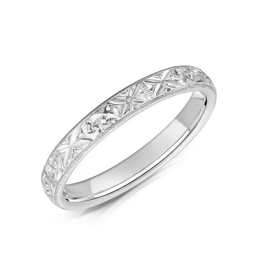 Platinum Wedding band with hand engraved pattern