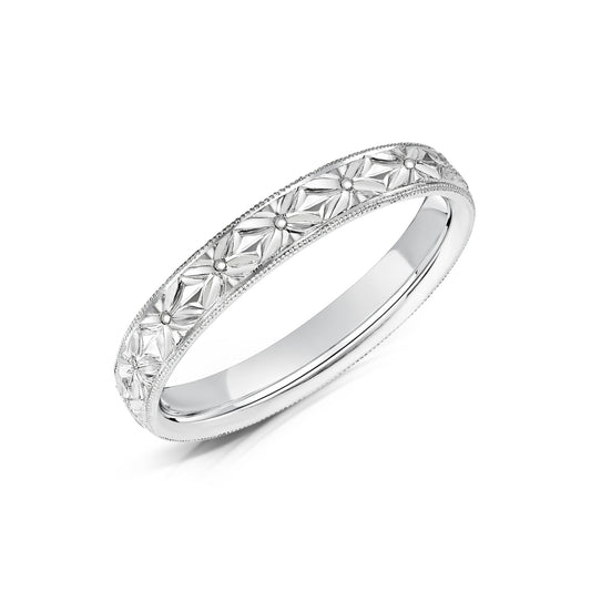 Hand Engraved Floral Wedding Band in White Gold