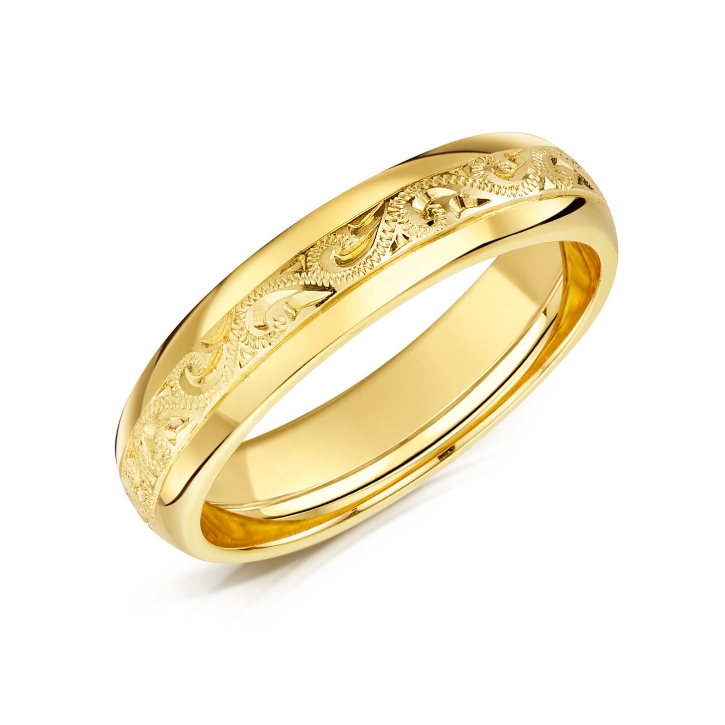 Mens hand engraved yellow gold wedding band