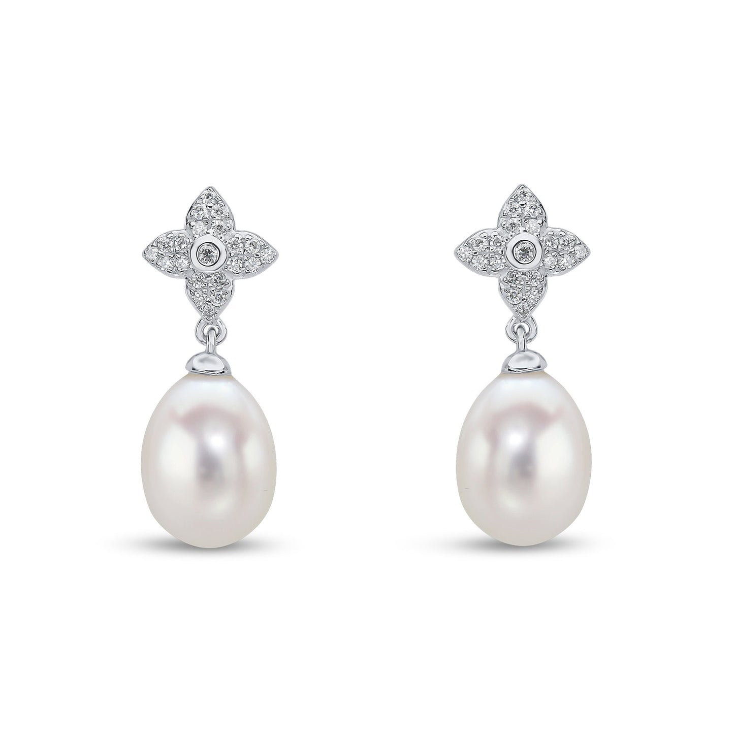 Modern Pearl & Diamond Drop Earrings front view