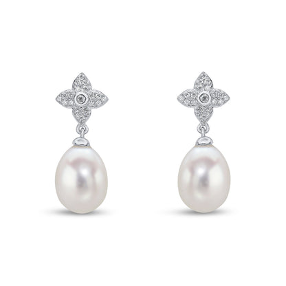 Modern Pearl & Diamond Drop Earrings front view