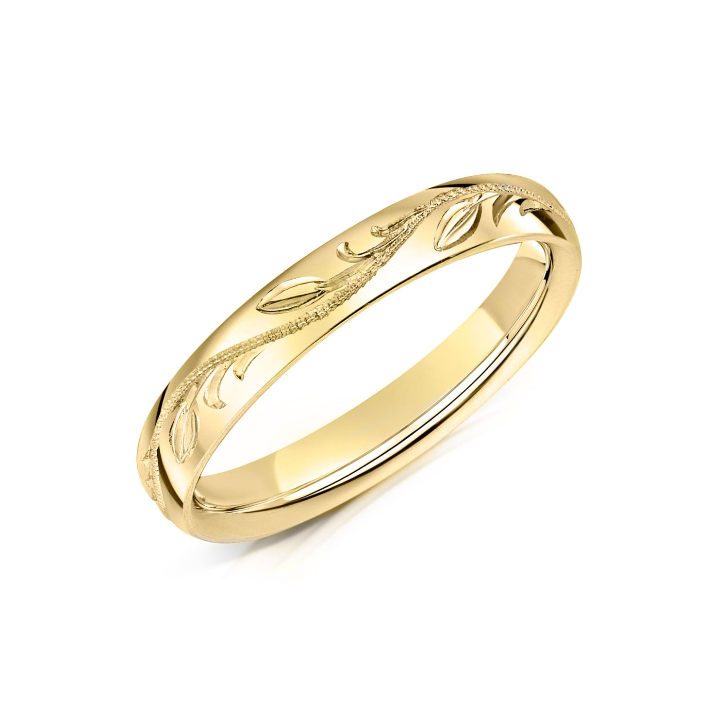 Yellow Gold Wedding Ring with engraved leaf design