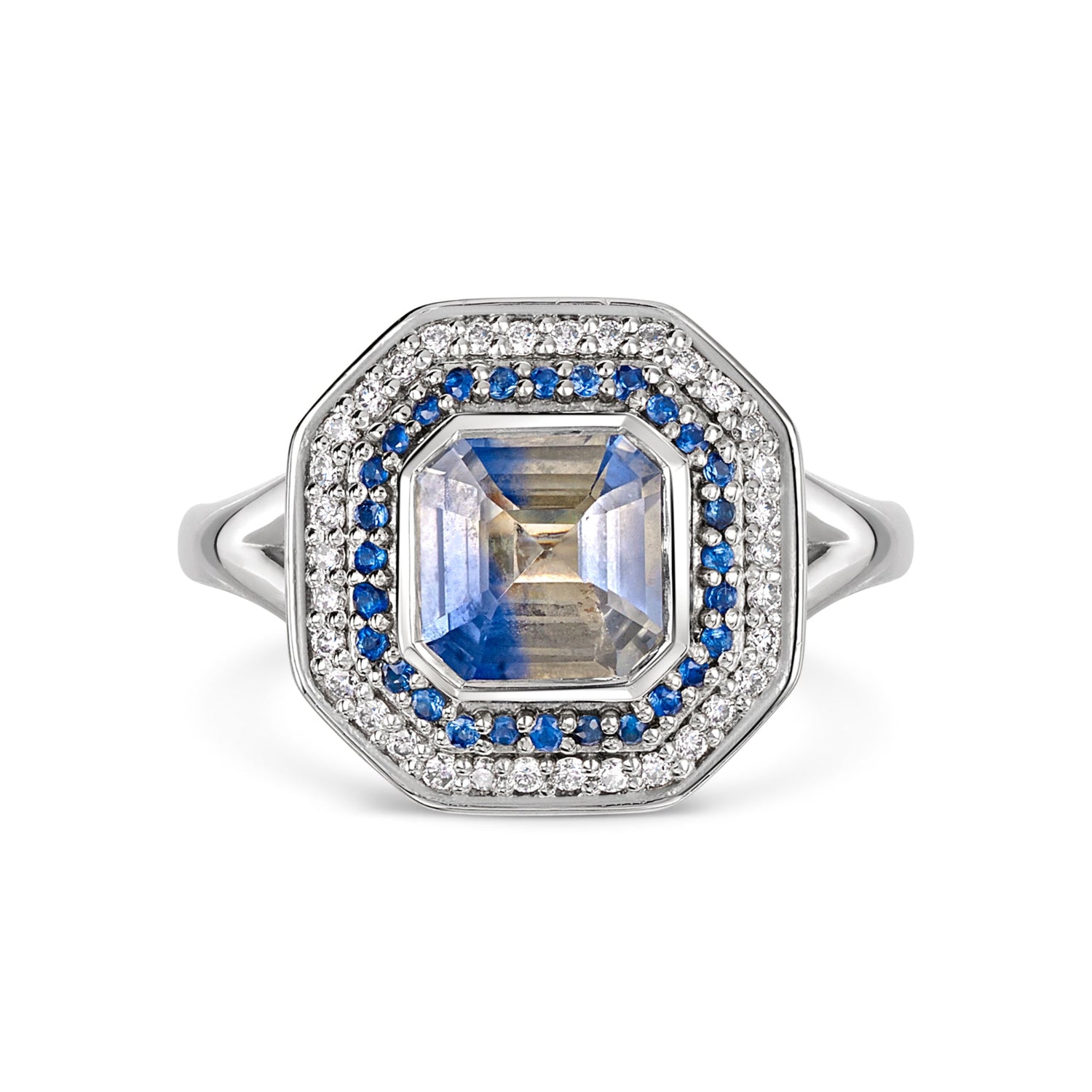 One of a kind blue and white parti Sapphire and diamond cluster ring with split shank