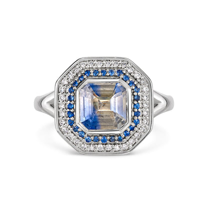 One of a kind blue and white parti Sapphire and diamond cluster ring with split shank