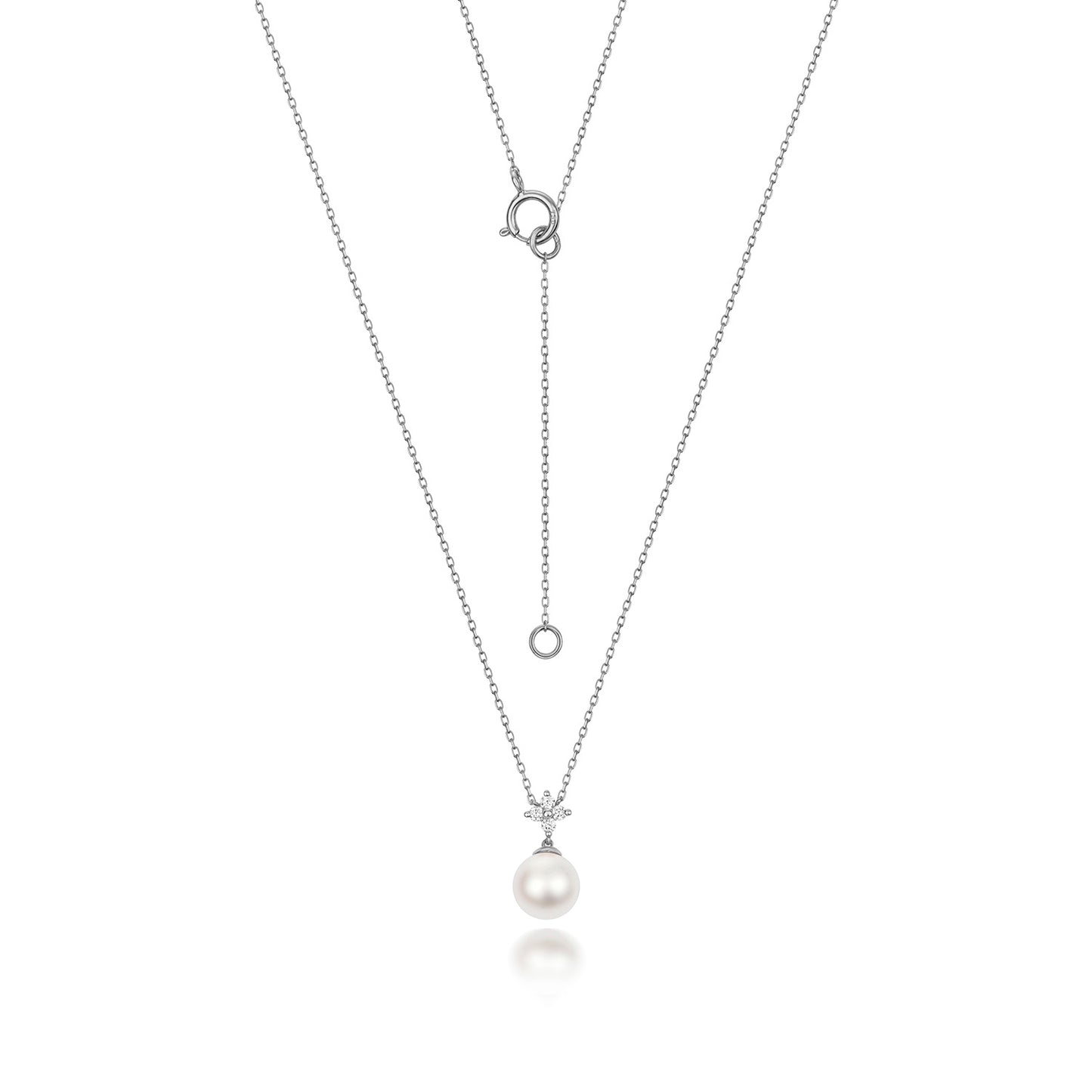 White Akoya Pearl & Diamond Necklace with adjustable chain on White Background