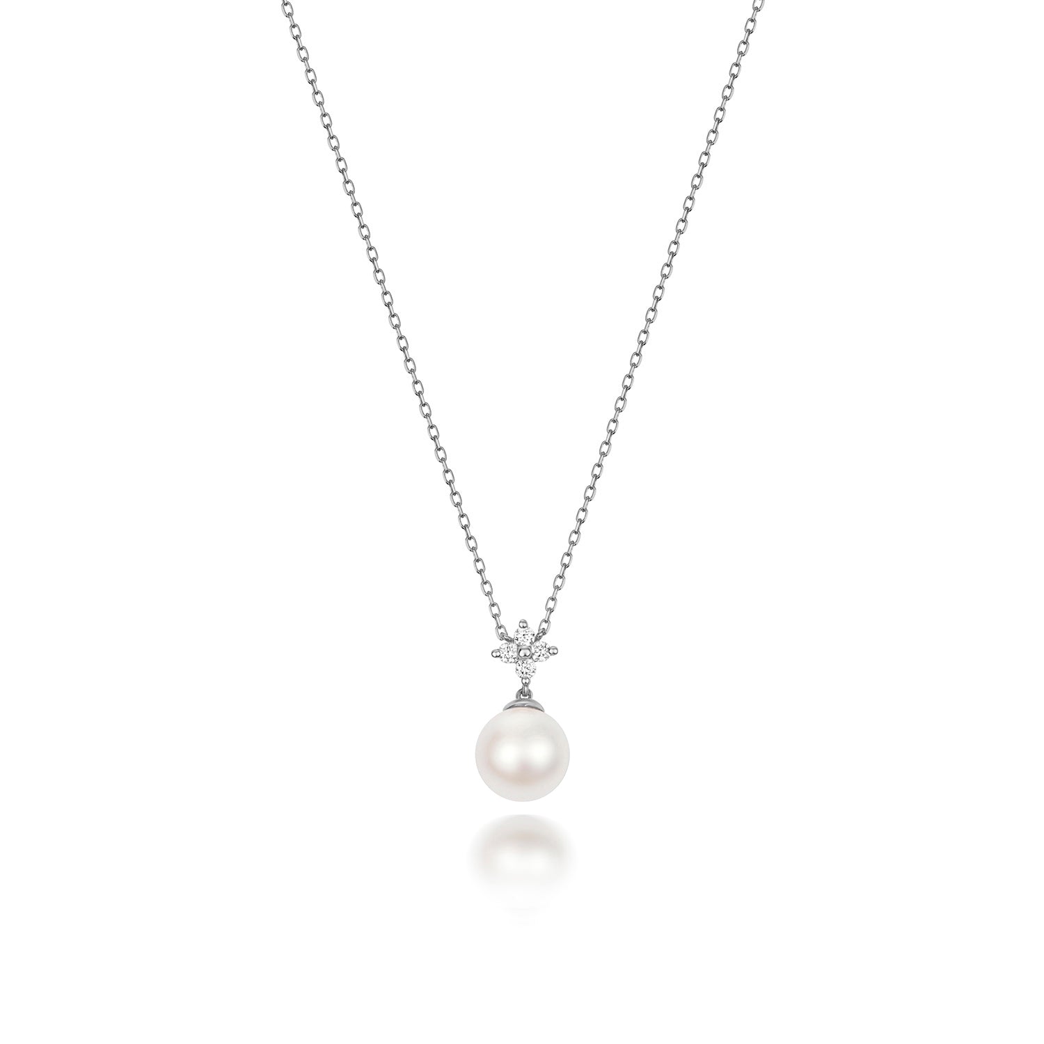 White Akoya Pearl & Diamond Necklace on White Background