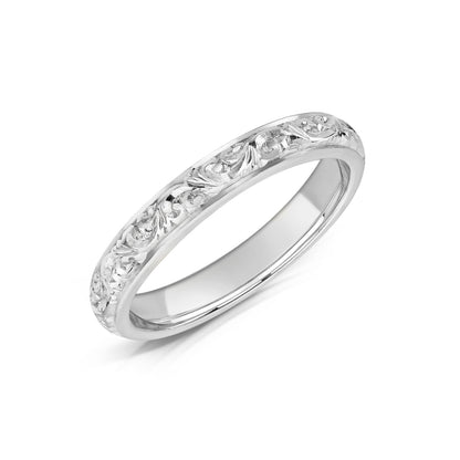 White Gold Wedding Ring with hand engraved scroll details