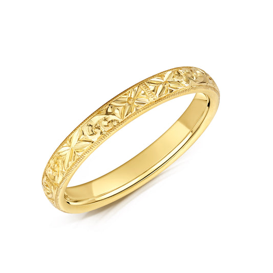 Vintage Style Hand Engraved Yellow Gold Wedding Band