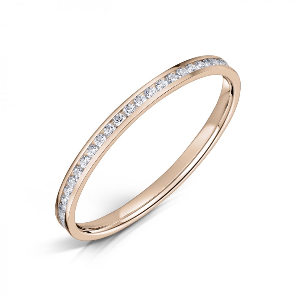 18ct Rose Gold 1.5mm Diamond Ring with Round Diamonds all around on a white background.