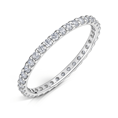 1.5mm wide platinum ring with round diamonds set all around in a claw setting on a white background.