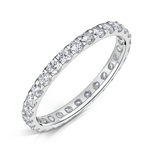 2.0mm wide platinum ring with round diamonds set all around in a claw setting on a white background.