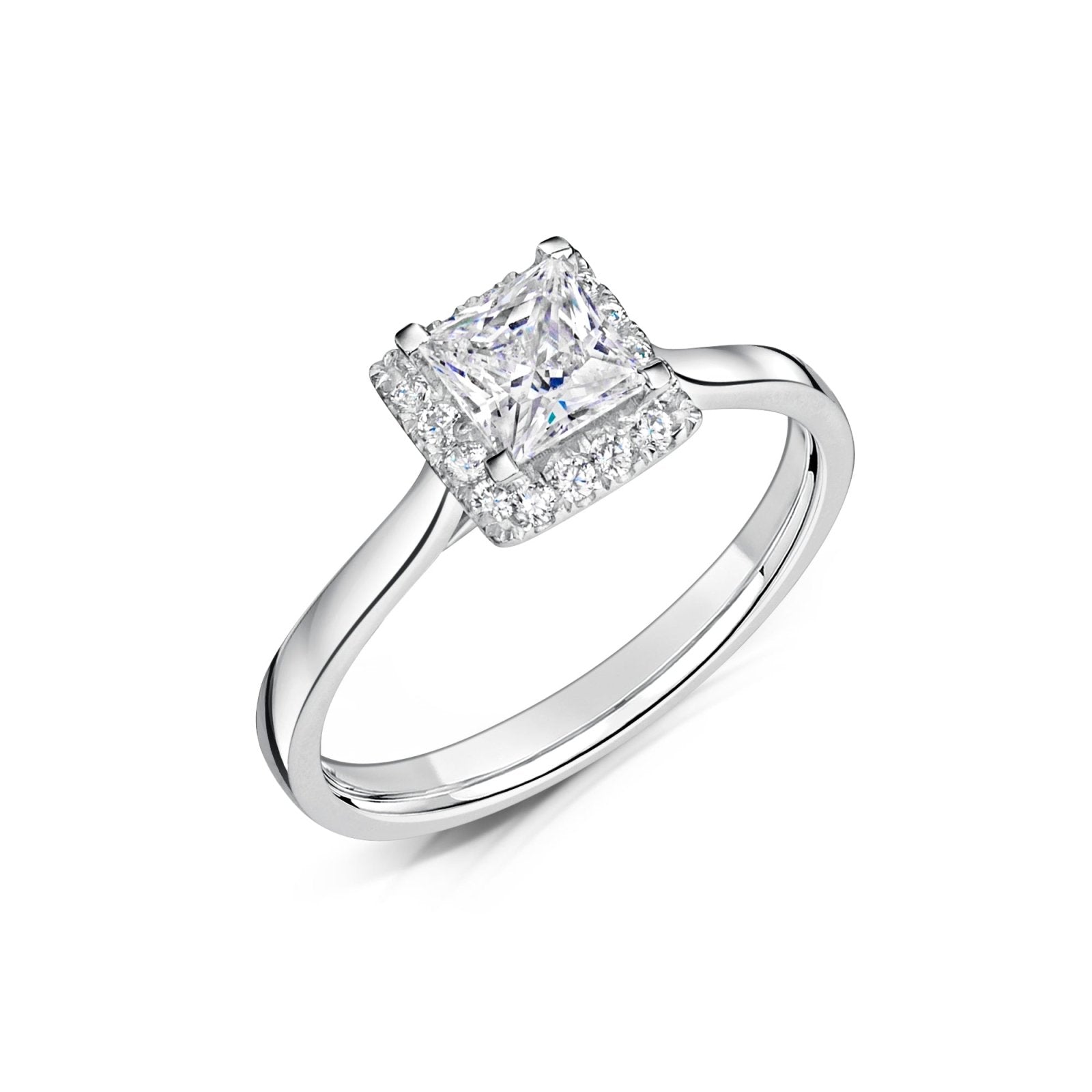 Princess Cut Diamond Halo Cluster Engagement Ring angled top view on white background.