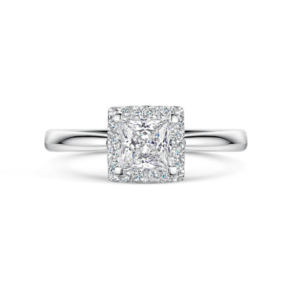 Princess Cut Diamond Halo Cluster Engagement Ring on white background.