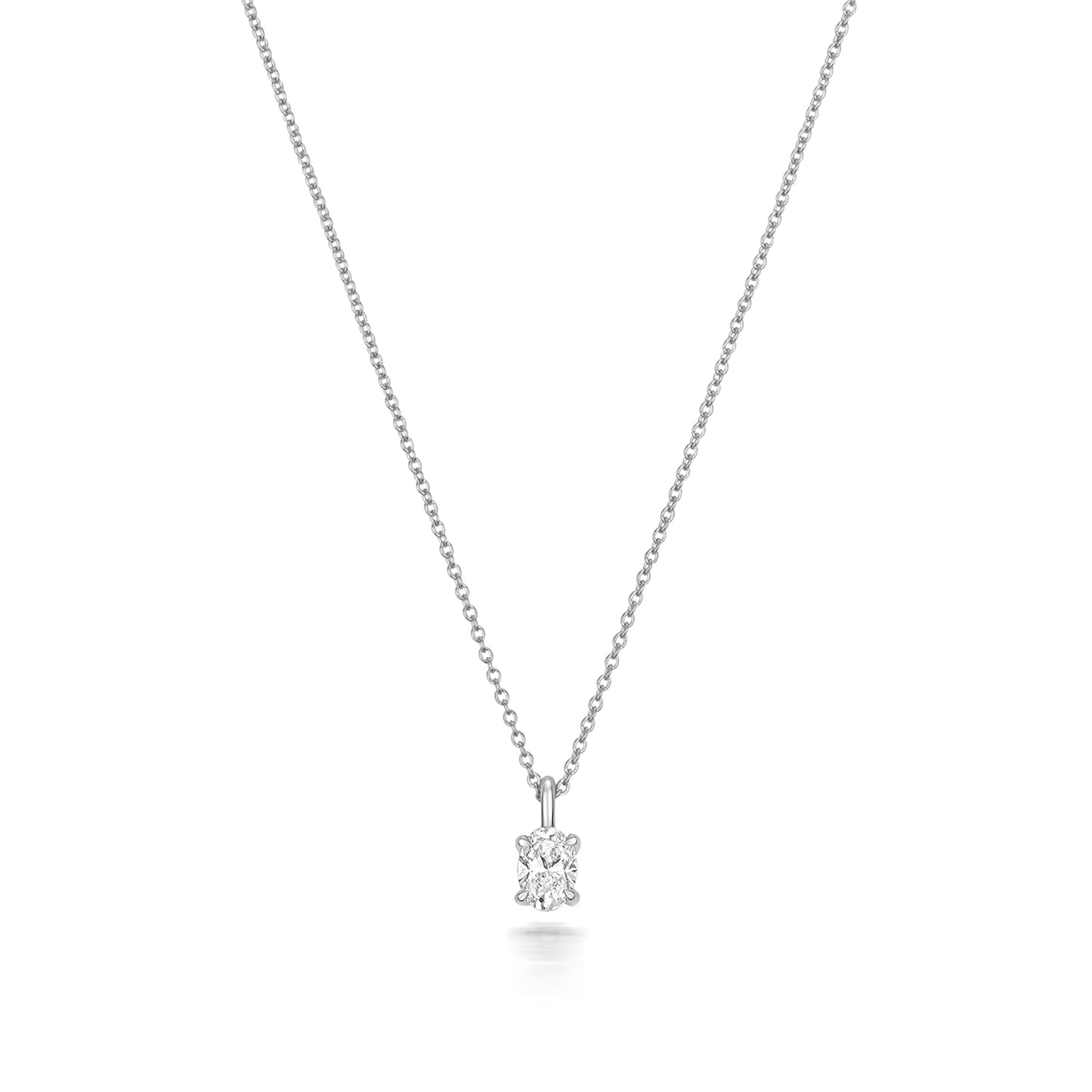 Oval Shaped Diamond Necklace in White Gold on white background.