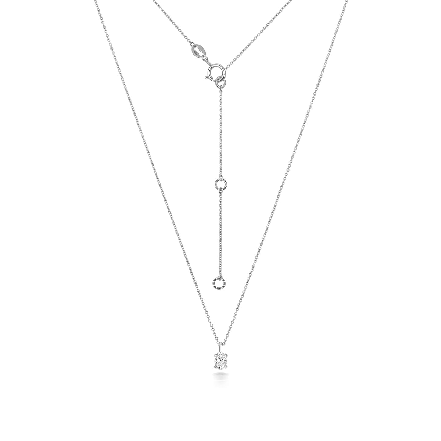 Oval Shaped Diamond Necklace in White Gold with adjustable chain on white background.