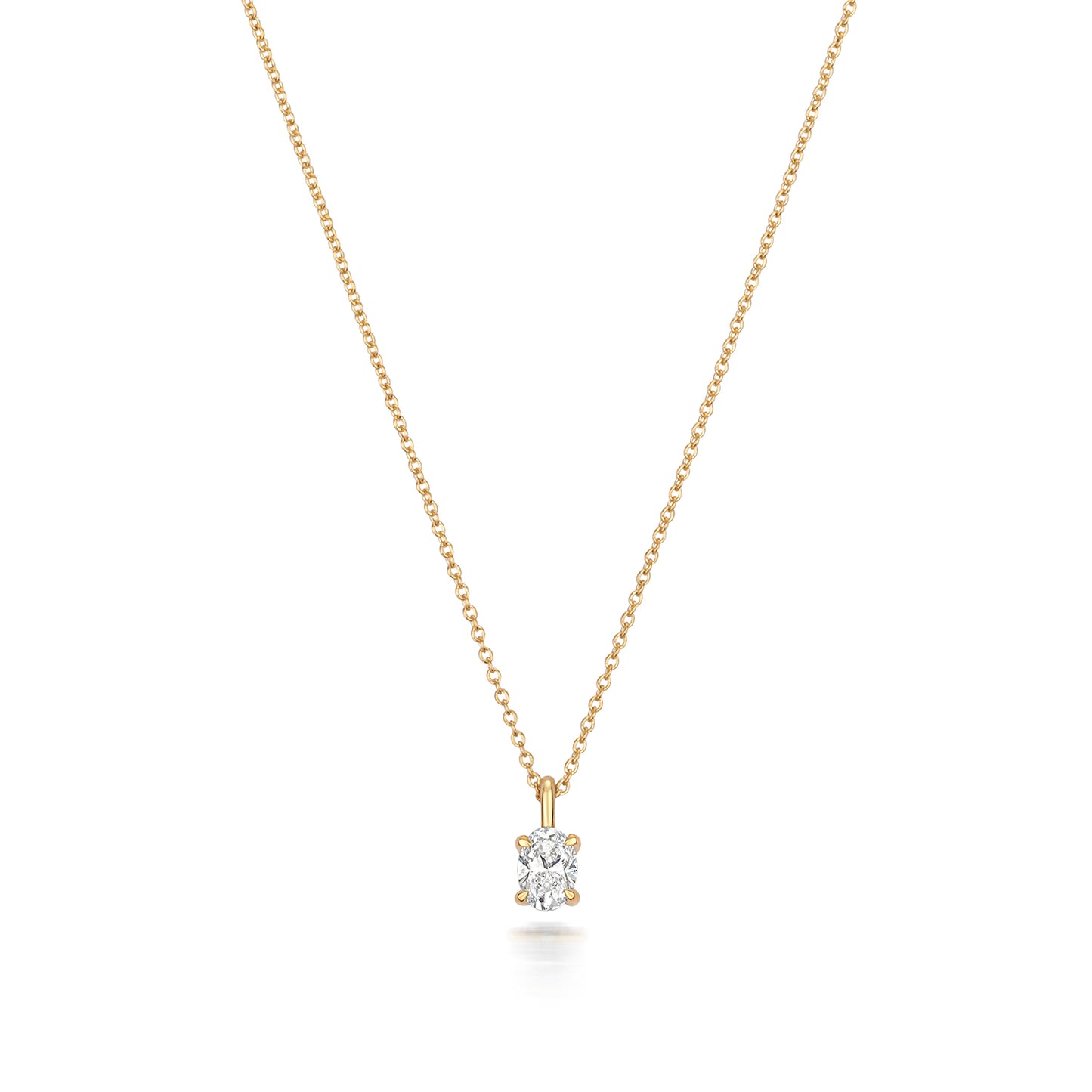 Oval Shaped Diamond Necklace in Yellow Gold on white background.