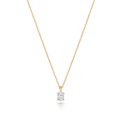 Oval Shaped Diamond Necklace in Yellow Gold on white background.