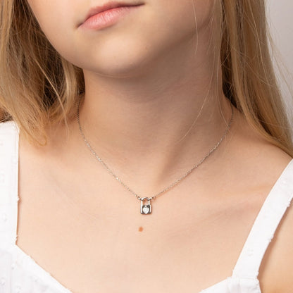 Children's Diamond Heart Padlock Necklace on Little Girls Neck.