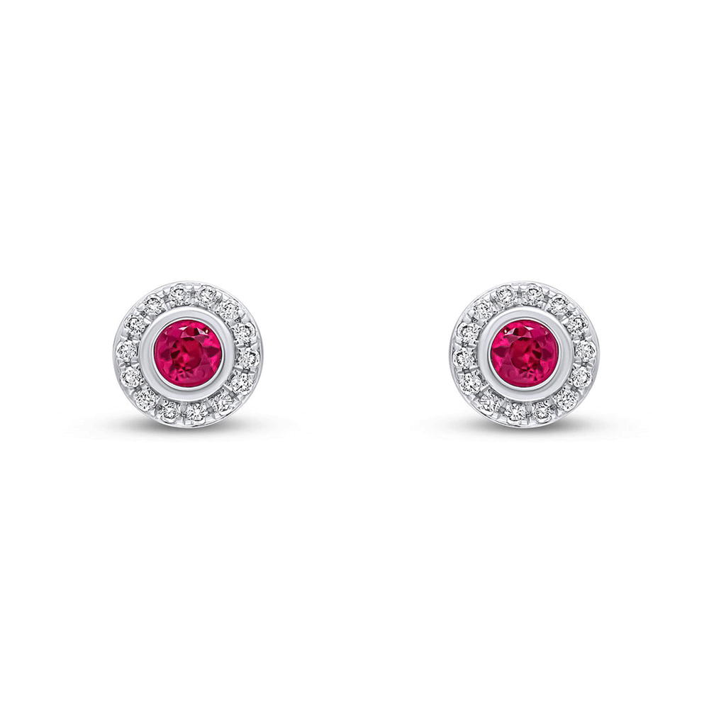 Ruby & Diamond Halo Earrings on a white background.