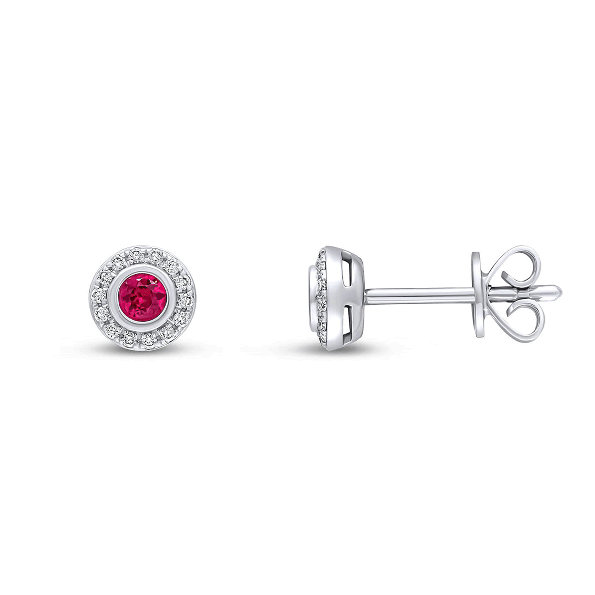 Ruby & Diamond Earrings with a side view on white background.