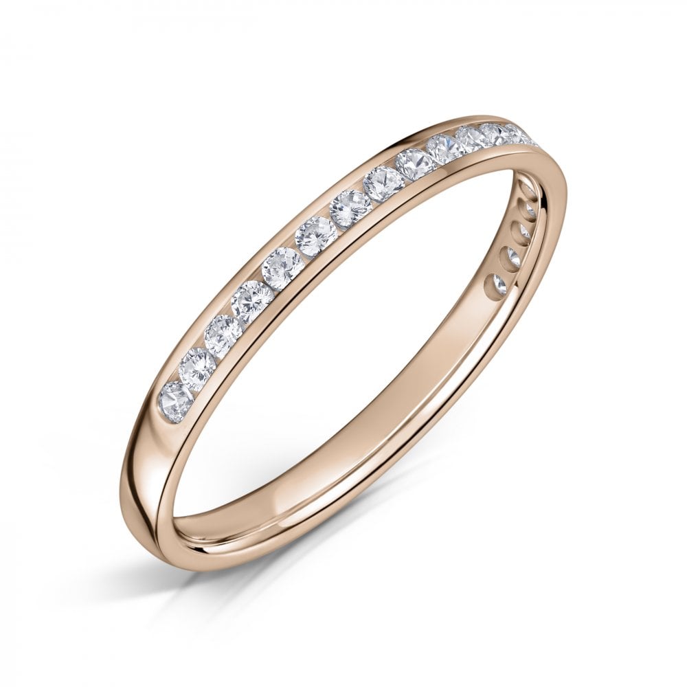 18ct Rose Gold 2.0mm Diamond Ring with Round Diamonds half the way around on a white background.