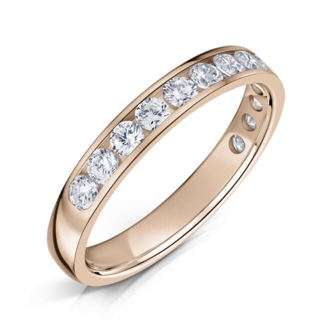18ct Rose Gold 3.0mm Diamond Ring with Round Diamonds half the way around on a white background.