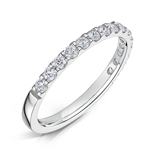 2.0mm wide platinum ring with round diamonds set half way around in a claw setting on a white background.