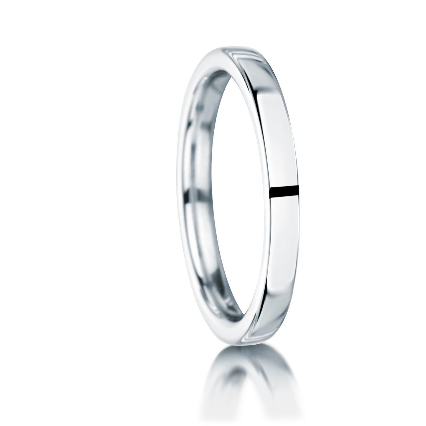 18ct White gold plain 2.0mm wide wedding ring on a white background.