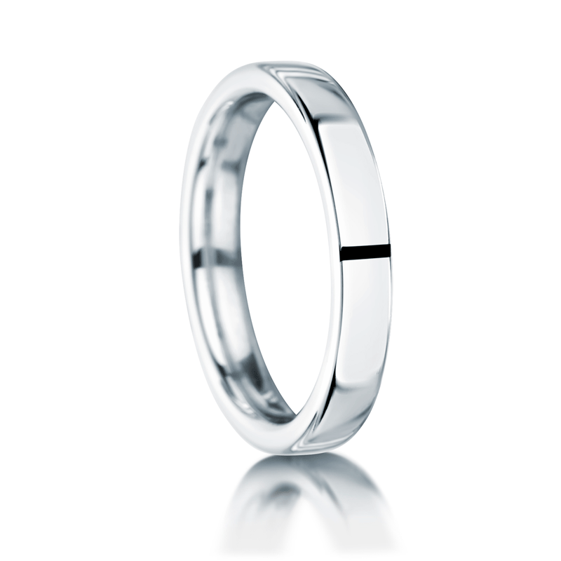 Ladies 3mm wedding ring on a white background.
