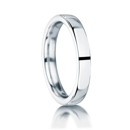 18ct White gold plain 3.0mm wide wedding ring on a white background.