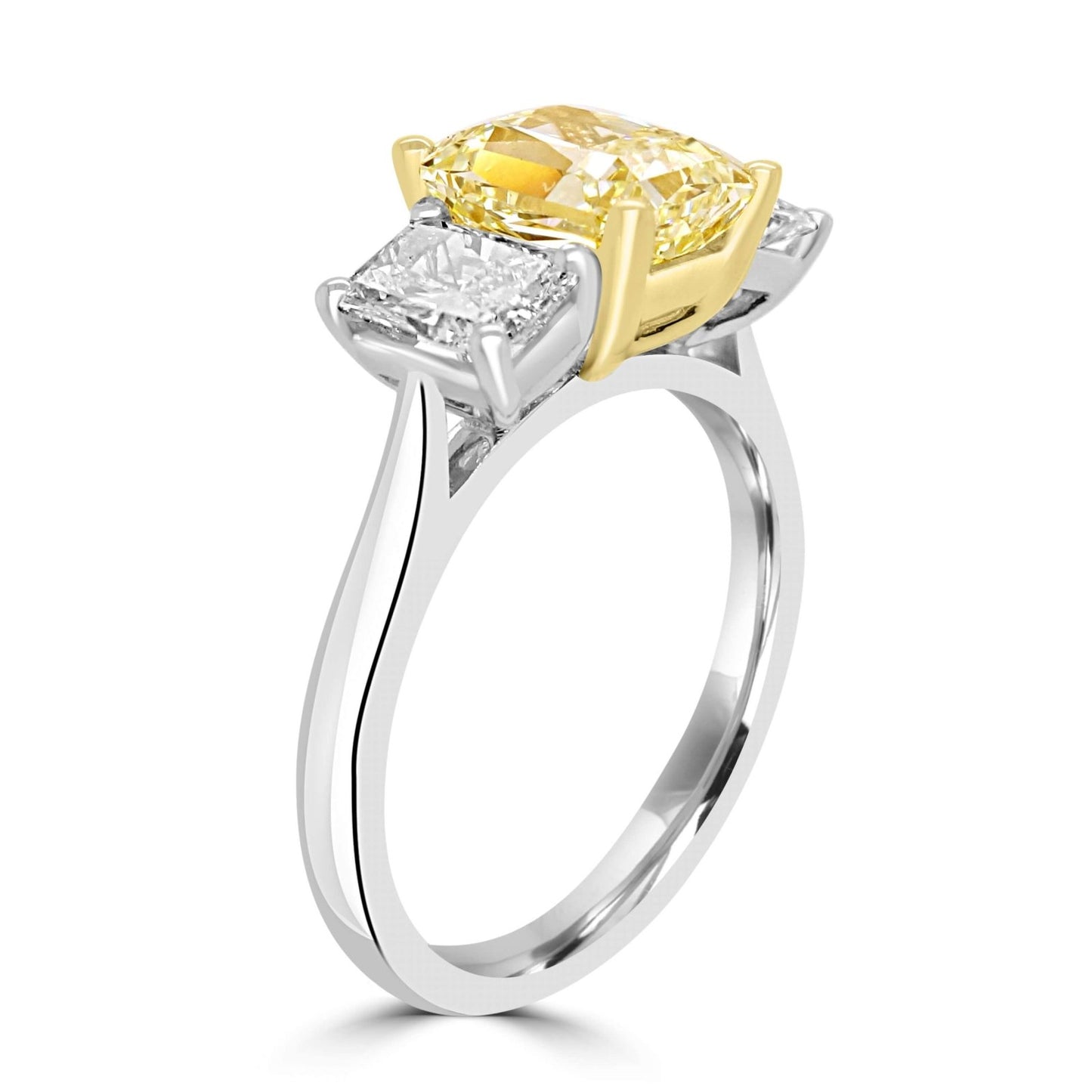 Fancy Yellow Radiant Diamond Engagement Ring side view on a white background.