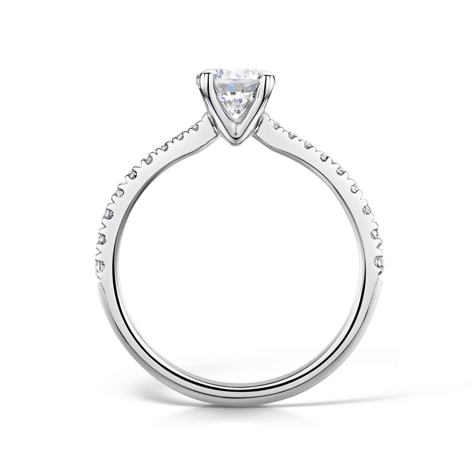 Round Diamond Engagement Ring With Diamond Shoulders side view.